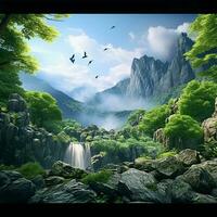 Fantasie Landschaft mit ein Wasserfall und ein Vogel fliegend im das Himmel. ai generiert foto