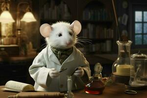 süß Weiß Ratte im ein Labor Mantel auf ein dunkel Hintergrund. ai generiert Profi Foto