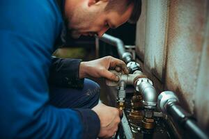 Nahansicht von ein Klempner reparieren Rohre im ein Gebäude. ai generiert Profi Foto