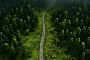 Antenne Aussicht von ein Straße im das Wald mit Nebel im das Hintergrund. ai generiert Profi Foto