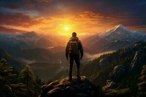 Mann mit Rucksack Stehen auf das oben von ein Berg und suchen beim das Sonnenuntergang. ai generiert Profi Foto