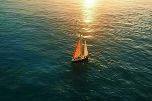 Antenne Aussicht von ein Segelboot im das Meer beim Sonnenuntergang. ai generiert Profi Foto