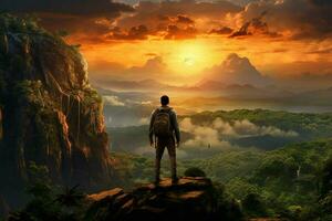Mann mit Rucksack Stehen auf das oben von ein Berg und suchen beim das Sonnenuntergang. ai generiert Profi Foto