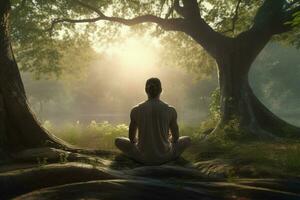 Frau üben Yoga im das Wald beim Sonnenaufgang. gesund Lebensstil Konzept. ai generiert Profi Foto