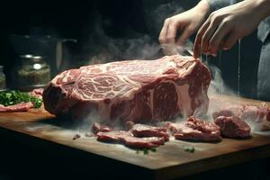 roh frisch Rindfleisch Steak Schnitt in Stücke auf ein hölzern Schneiden Tafel. ai generiert Profi Foto