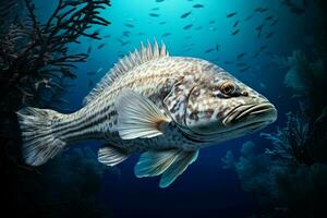 Zackenbarsch im das tief Blau Meer. unter Wasser Welt. ai generiert Profi Foto