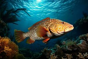 Zackenbarsch auf ein Koralle Riff. unter Wasser Welt. 3d Illustration. ai generiert Profi Foto