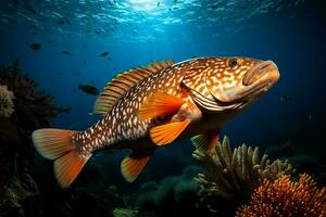 Zackenbarsch auf ein Koralle Riff. unter Wasser Welt. 3d Illustration. ai generiert Profi Foto