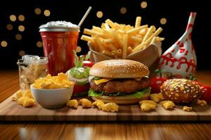 schnell Essen Restaurant Speisekarte. Burger, Französisch Fritten, Krautsalat, Hähnchen Nuggets und Salate auf hölzern Tisch. ai generiert Profi Foto