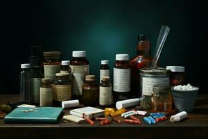 pharmazeutische Medizin Tabletten und Kapseln auf hölzern Tabelle im dunkel Zimmer. ai generiert Profi Foto