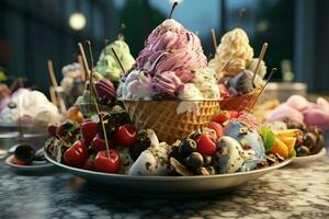 Vielfalt von bunt Eis Sahne im Waffel Zapfen, Nahaufnahme. ai generiert Profi Foto