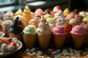 Vielfalt von bunt Eis Sahne im Waffel Zapfen, Nahaufnahme. ai generiert Profi Foto