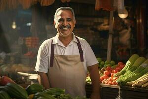 Porträt von ein lächelnd Mann Verkauf Gemüse beim ein Lebensmittelgeschäft speichern. ai generiert Profi Foto