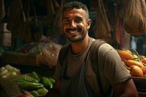 Porträt von ein lächelnd Mann Verkauf Gemüse beim ein Lebensmittelgeschäft speichern. ai generiert Profi Foto
