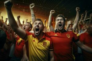 aufgeregt Belgien Fußball Fans Jubel zum ihr Mannschaft während ein Spiel beim Stadion. ai generiert Profi Foto