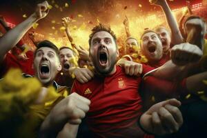 aufgeregt Belgien Fußball Fans Jubel zum ihr Mannschaft während ein Spiel beim Stadion. ai generiert Profi Foto