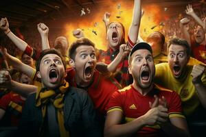 aufgeregt Belgien Fußball Fans Jubel zum ihr Mannschaft während ein Spiel beim Stadion. ai generiert Profi Foto