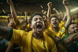 aufgeregt Brasilien Fußball Fans Jubel zum ihr Mannschaft während ein Spiel beim Stadion. ai generiert Profi Foto