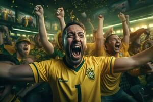 aufgeregt Brasilien Fußball Fans Jubel zum ihr Mannschaft während ein Spiel beim Stadion. ai generiert Profi Foto