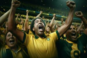 aufgeregt Brasilien Fußball Fans Jubel zum ihr Mannschaft während ein Spiel beim Stadion. ai generiert Profi Foto