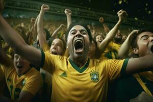 aufgeregt Brasilien Fußball Fans Jubel zum ihr Mannschaft während ein Spiel beim Stadion. ai generiert Profi Foto