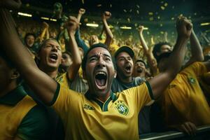 aufgeregt Brasilien Fußball Fans Jubel zum ihr Mannschaft während ein Spiel beim Stadion. ai generiert Profi Foto