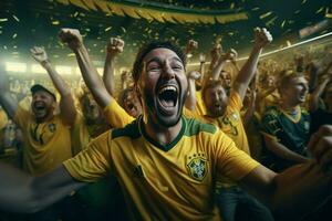 aufgeregt Brasilien Fußball Fans Jubel zum ihr Mannschaft während ein Spiel beim Stadion. ai generiert Profi Foto