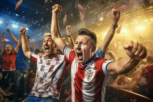 aufgeregt Kroatien Fußball Fans Jubel zum ihr Mannschaft während ein Spiel beim Stadion. ai generiert Profi Foto