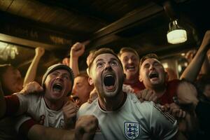 aufgeregt England Fußball Fans Jubel zum ihr Mannschaft während ein Spiel beim Stadion. ai generiert Profi Foto