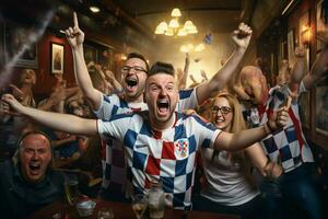 aufgeregt Kroatien Fußball Fans Jubel zum ihr Mannschaft während ein Spiel beim Stadion. ai generiert Profi Foto