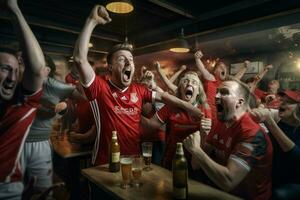 aufgeregt England Fußball Fans Jubel zum ihr Mannschaft während ein Spiel beim Stadion. ai generiert Profi Foto