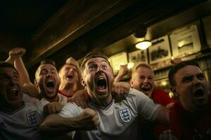 aufgeregt England Fußball Fans Jubel zum ihr Mannschaft während ein Spiel beim Stadion. ai generiert Profi Foto