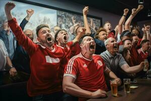 aufgeregt England Fußball Fans Jubel zum ihr Mannschaft während ein Spiel beim Stadion. ai generiert Profi Foto