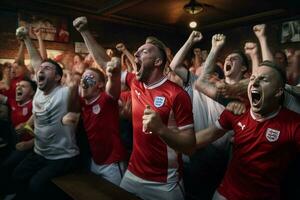 aufgeregt England Fußball Fans Jubel zum ihr Mannschaft während ein Spiel beim Stadion. ai generiert Profi Foto