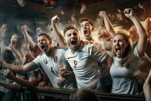 aufgeregt England Fußball Fans Jubel zum ihr Mannschaft während ein Spiel beim Stadion. ai generiert Profi Foto