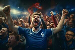 aufgeregt Frankreich Fußball Fans Jubel zum ihr Mannschaft während ein Spiel beim Stadion. ai generiert Profi Foto