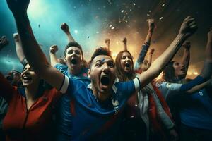 aufgeregt Frankreich Fußball Fans Jubel zum ihr Mannschaft während ein Spiel beim Stadion. ai generiert Profi Foto