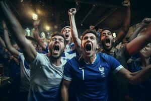 aufgeregt Frankreich Fußball Fans Jubel zum ihr Mannschaft während ein Spiel beim Stadion. ai generiert Profi Foto