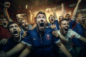 aufgeregt Frankreich Fußball Fans Jubel zum ihr Mannschaft während ein Spiel beim Stadion. ai generiert Profi Foto