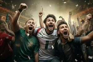 aufgeregt Italien Fußball Fans Jubel zum ihr Mannschaft während ein Spiel beim Stadion. ai generiert Profi Foto