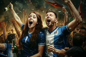 aufgeregt Italien Fußball Fans Jubel zum ihr Mannschaft während ein Spiel beim Stadion. ai generiert Profi Foto