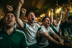 aufgeregt Italien Fußball Fans Jubel zum ihr Mannschaft während ein Spiel beim Stadion. ai generiert Profi Foto