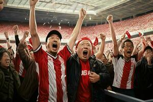 aufgeregt Japan Fußball Fans Jubel zum ihr Mannschaft während ein Spiel beim Stadion. ai generiert Profi Foto