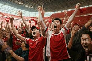 aufgeregt Japan Fußball Fans Jubel zum ihr Mannschaft während ein Spiel beim Stadion. ai generiert Profi Foto