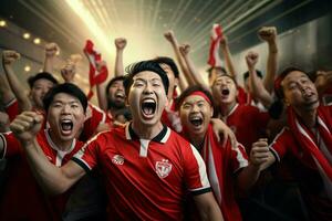 aufgeregt Japan Fußball Fans Jubel zum ihr Mannschaft während ein Spiel beim Stadion. ai generiert Profi Foto