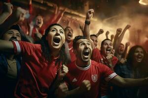 aufgeregt Marokko Fußball Fans Jubel zum ihr Mannschaft während ein Spiel beim Stadion. ai generiert Profi Foto