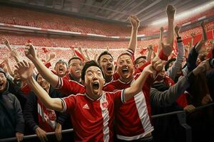aufgeregt Japan Fußball Fans Jubel zum ihr Mannschaft während ein Spiel beim Stadion. ai generiert Profi Foto