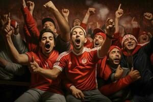 aufgeregt Marokko Fußball Fans Jubel zum ihr Mannschaft während ein Spiel beim Stadion. ai generiert Profi Foto