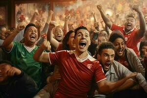 aufgeregt Marokko Fußball Fans Jubel zum ihr Mannschaft während ein Spiel beim Stadion. ai generiert Profi Foto