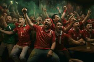aufgeregt Marokko Fußball Fans Jubel zum ihr Mannschaft während ein Spiel beim Stadion. ai generiert Profi Foto